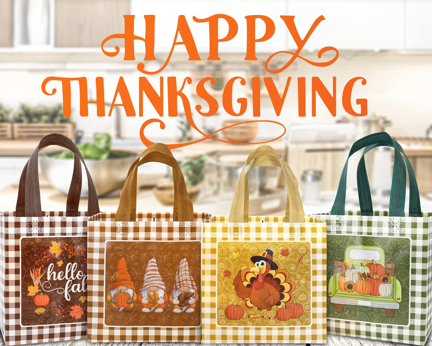AnyDesign Fall Reusable Gift Bag Plaid Pumpkin Turkey Gnome Tote Bags with Handles Autumn Party Treat Bag Grocery Shopping Bags for Thanksgiving Patch Party, 8 Pack