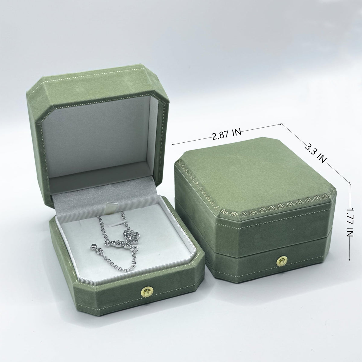 WHSLILR Velvet Necklace Box - Octagon Engagement Necklace Box with Hinged Lid for Proposal Engagement Wedding, Necklace Case Jewelry Box with Gold Lace - PRB007-Green