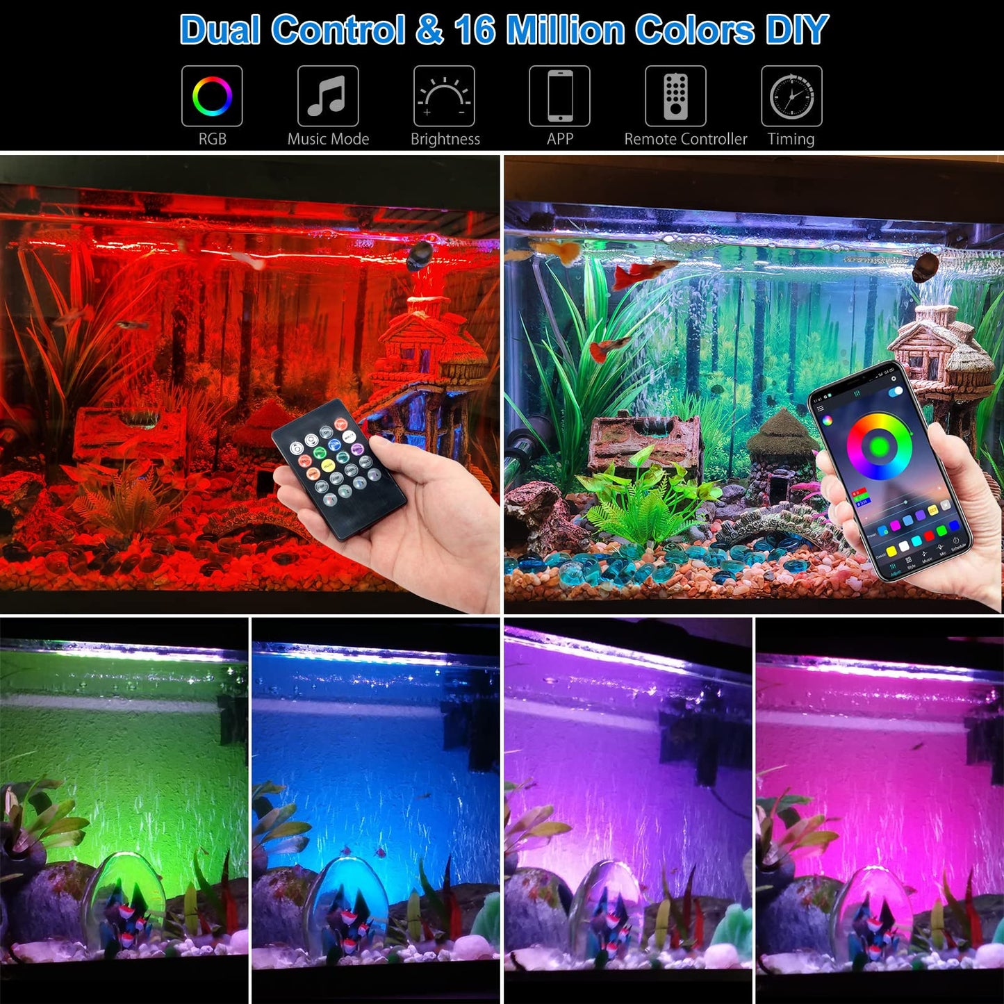 VARMHUS Submersible LED Aquarium Light,Fish Tank Light with Remote Controller&APP Control,DIY Full Spectrum Optional Color&Intelligent Timing and Dimming,29 Light Modes and 4 Music Modes RGB-28cm