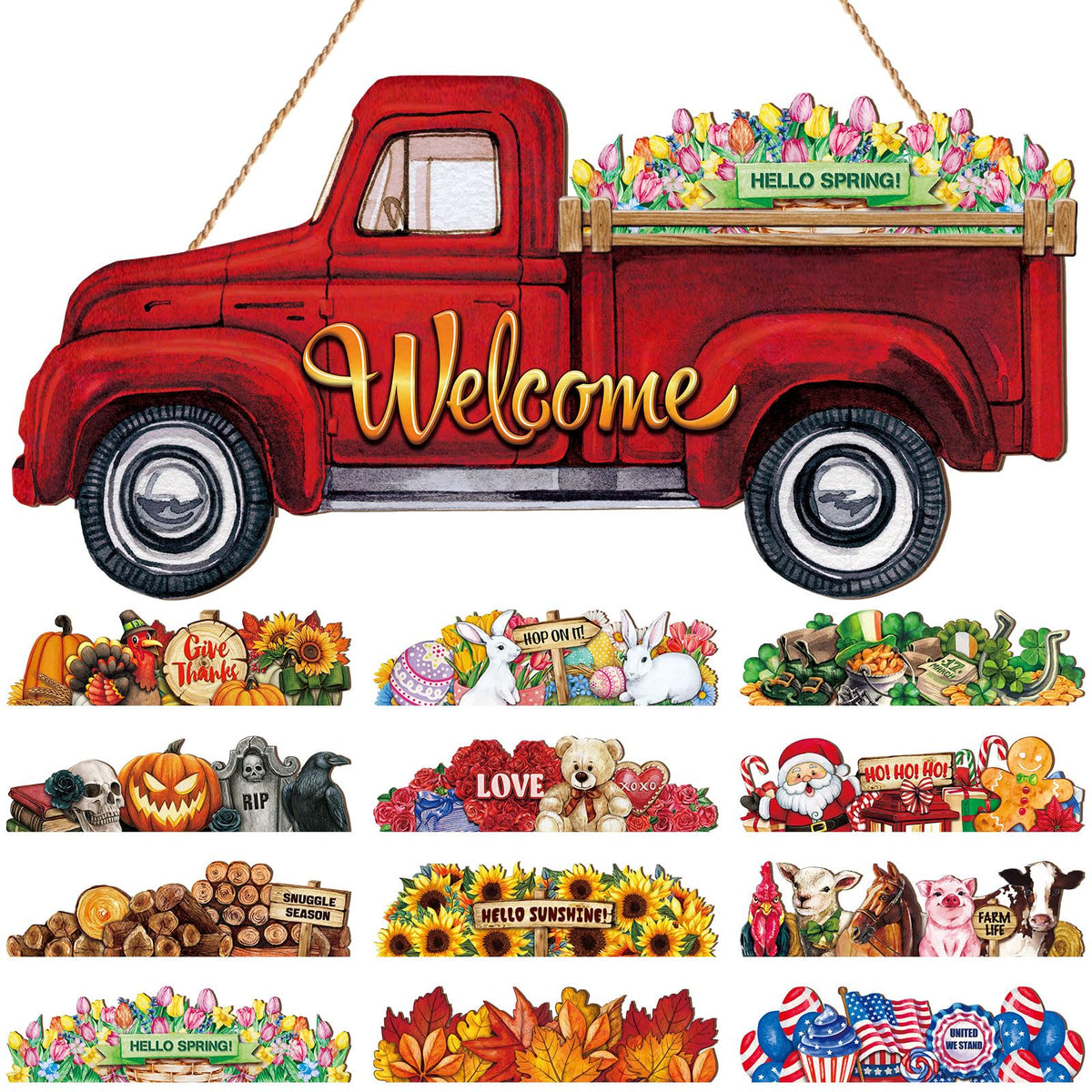 Ferraycle 13 Pcs Fall Interchangeable Welcome Sign, Red Truck Door Hanger with 12 Seasonal Signs, Holiday Christmas Rustic Farmhouse Front Door Decor