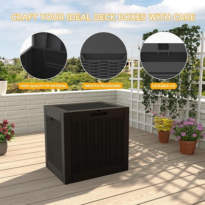 DRATO 31 Gallon Deck Box, Outdoor Storage Box for Patio Cushion, Garden Tools, Waterproof Resin Storage Box (Black,31 Gallon)