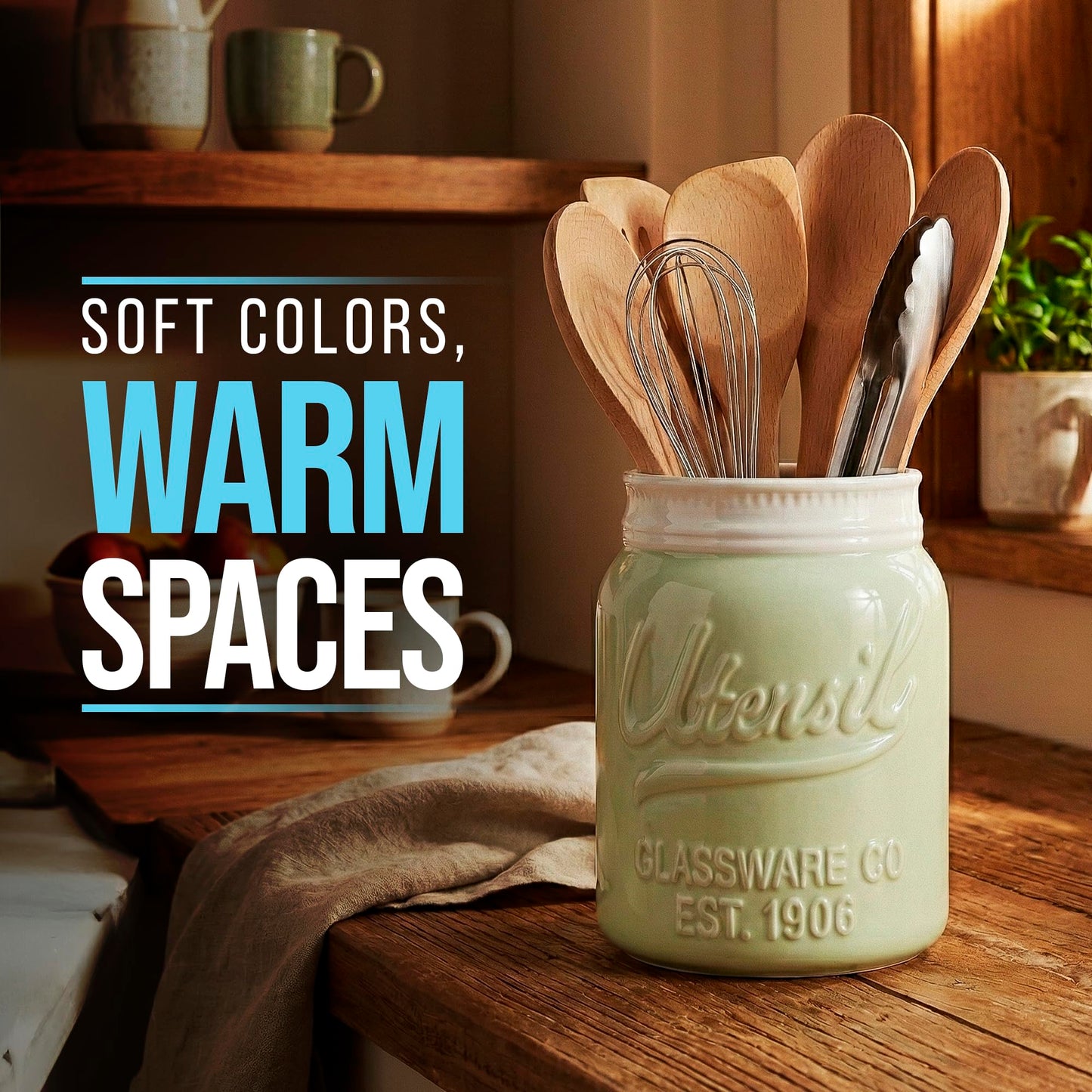 Comfify Green Mason Jar Utensil Holder – Wide Mouth Ceramic – Farmhouse