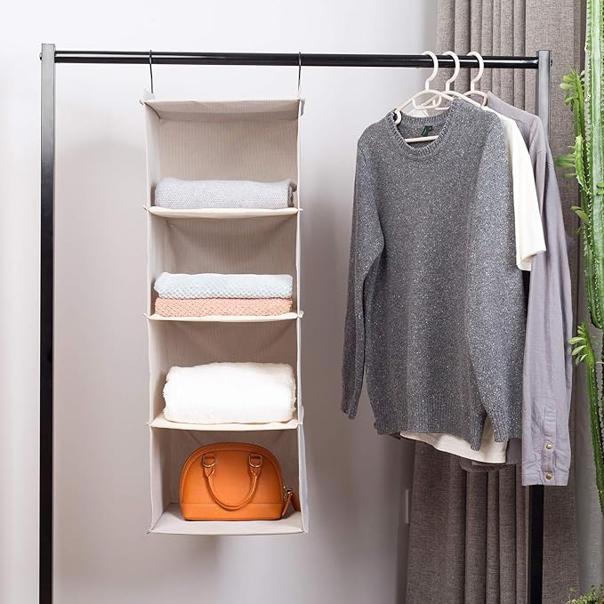 Hanging Closet Organizer and Storage, Foldable 4-Shelf Wardrobe Clothes Shelves