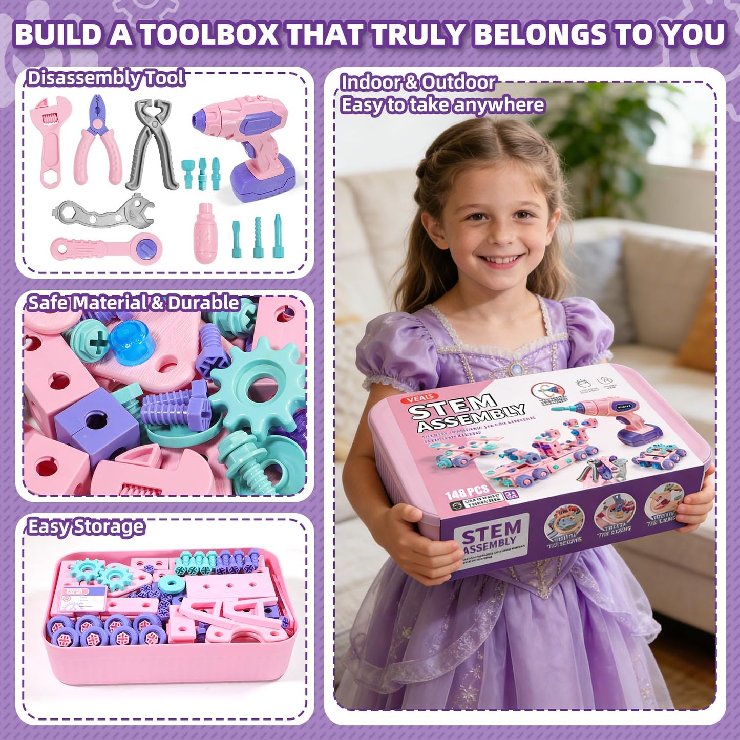 Pink Kids Tool Set for Girls,Toddler Tool Set with Drill &Toolbox,STEM Montessori Toys for 3 4 5 Year Old,Pretend Play Kid Toy,Educational Construction Toy for 3-6 Year Old Girl,Birthday Gift for Kids