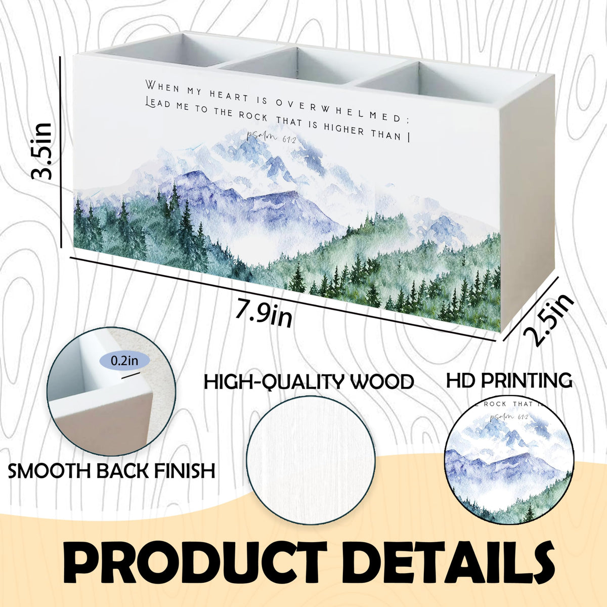 KAOWT Christian Mountain Pen Pencil Holder for Desk, Christian Gifts for Women, Rustic Mountain Landscape Bible Verse Religious Wooden Signs Desk Organizer for Home Office Decor
