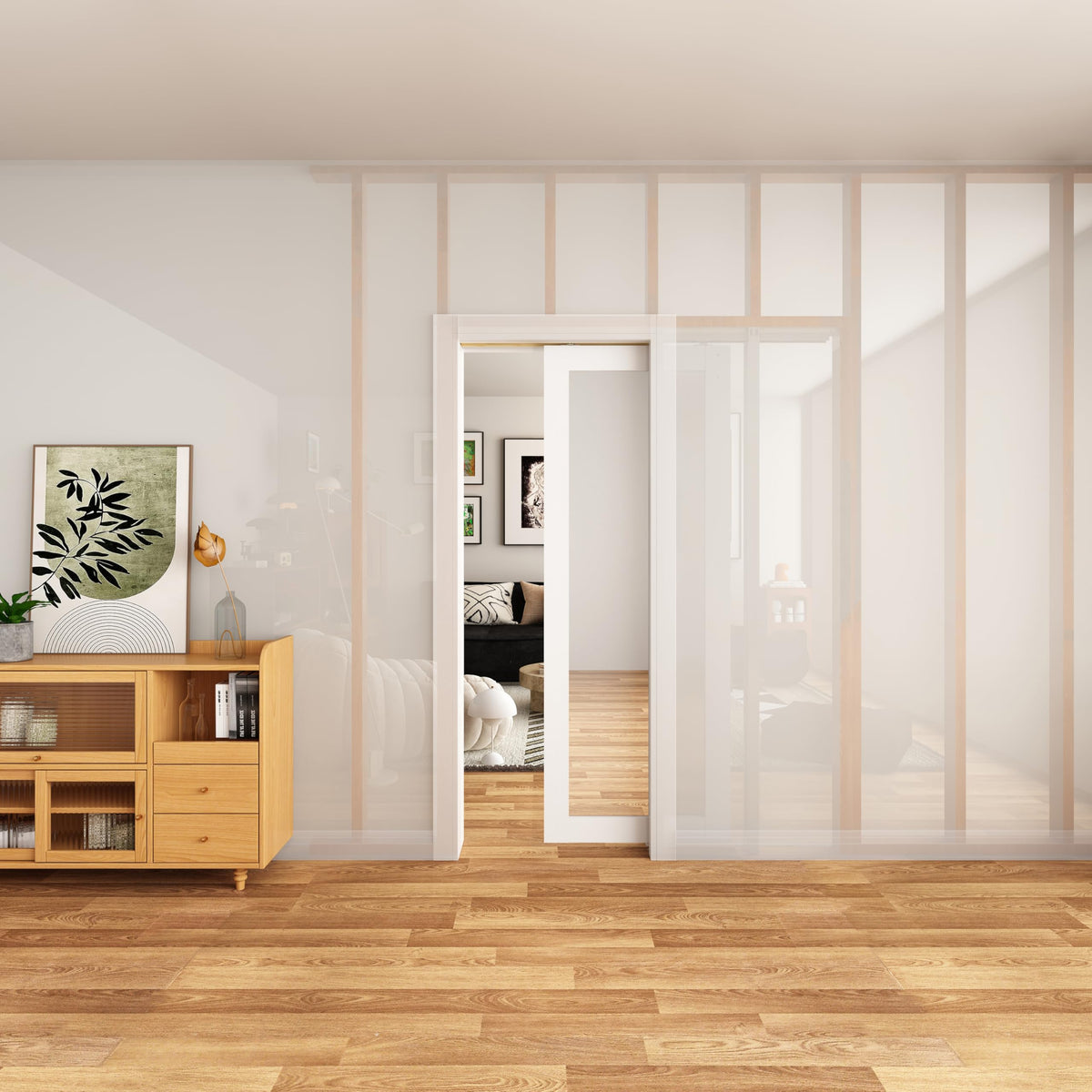 JUBEST Pocket Door 30"x80", 1-Panel Mirrored Sliding Pocket Door with Soft Close Hardware Kit, Sturdy Solid Wood & MDF with Water-Proof PVC Surface, No Assembly Required, White