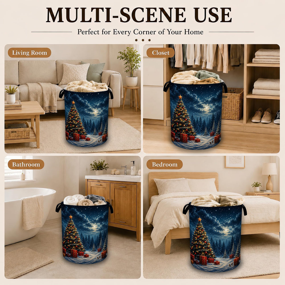 Christmas Tree Collapsible Laundry Hamper for Bedroom,Winter Night Freestanding Oxford Clothes Basket, Large Foldable Storage Bin with Easy-Carry Handles for Bathroom Dorm Laundry Room