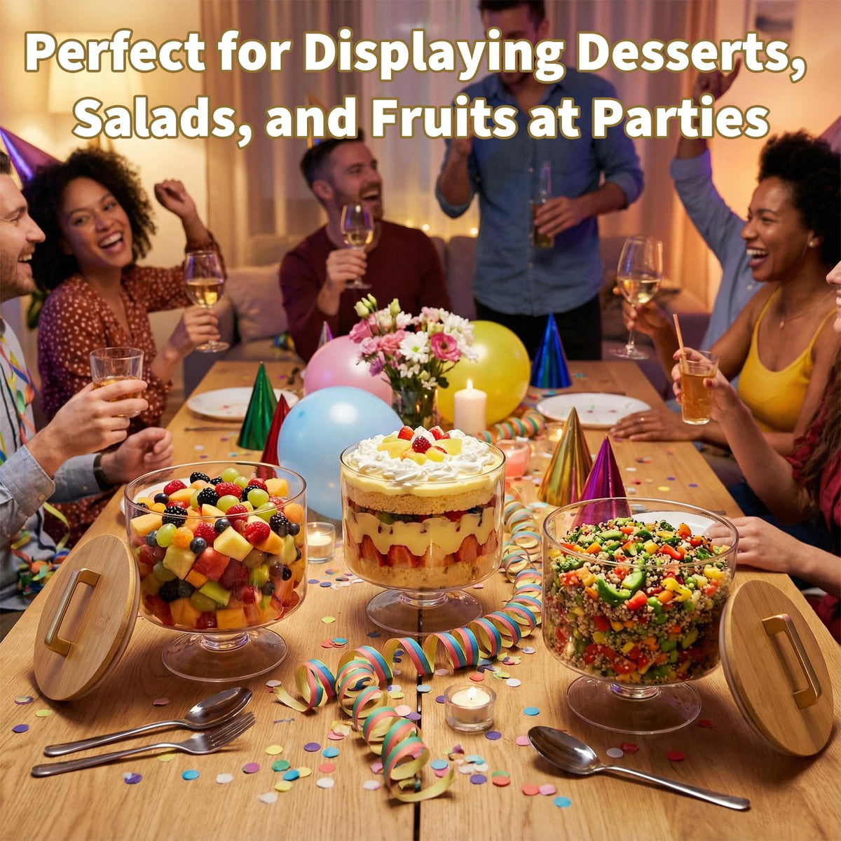 Piszvbej Trifle Bowl with Pedestal and Lid, Crystal Clear Glass, Wood Lid with Convenient Handle and Sealing Ring, for Laying Layered Dessert, Ice Cream and Cake, Ideal for Party Displays