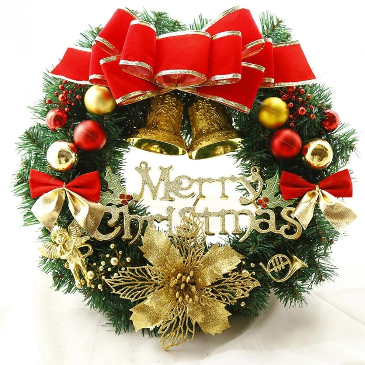 Artificial Christmas Wreath with Merry Christmas Sign β Pine Wreath with Red Bow, Ornaments & Gold Flowers for Front Door, Wall & Holiday Decorations