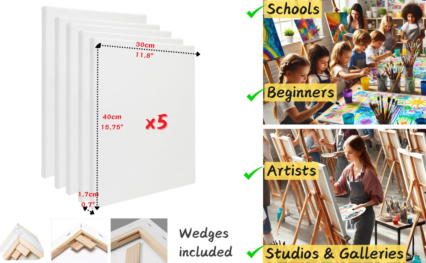 Exerz 30x40cm Pre-Stretched Canvas 5pk, 1.7cm A3 Framed Artist Canvas Blank, 280GSM 100% Cotton/Triple Primed/Acid Free/Medium Grain - Acrylic & Oil