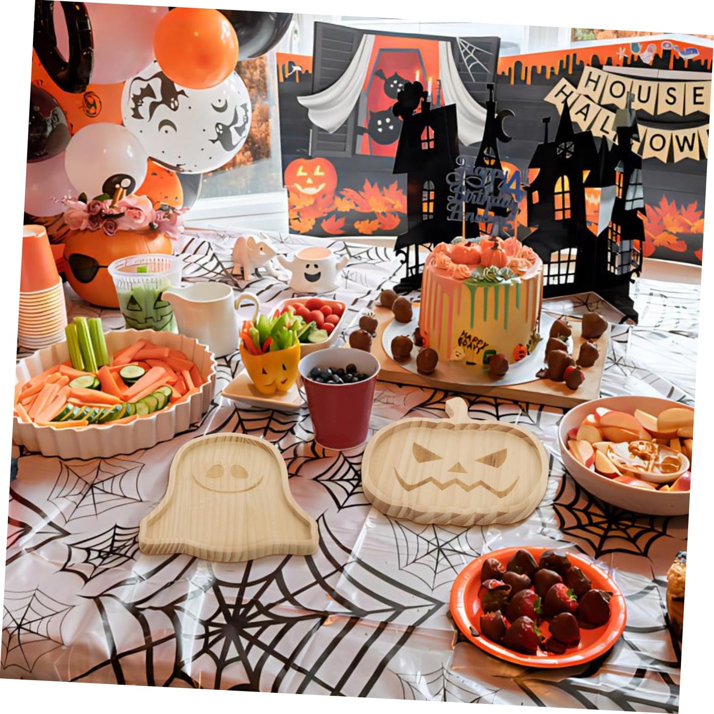 Garneck Halloween Wood Charcuterie Board, 2pcs Pumpkin and Ghost Food Plate Halloween Wood Serving Tray Cheese Platter Tray Appetizer Boards for Holiday Home Party Table Centerpiece Decoration, 7" W