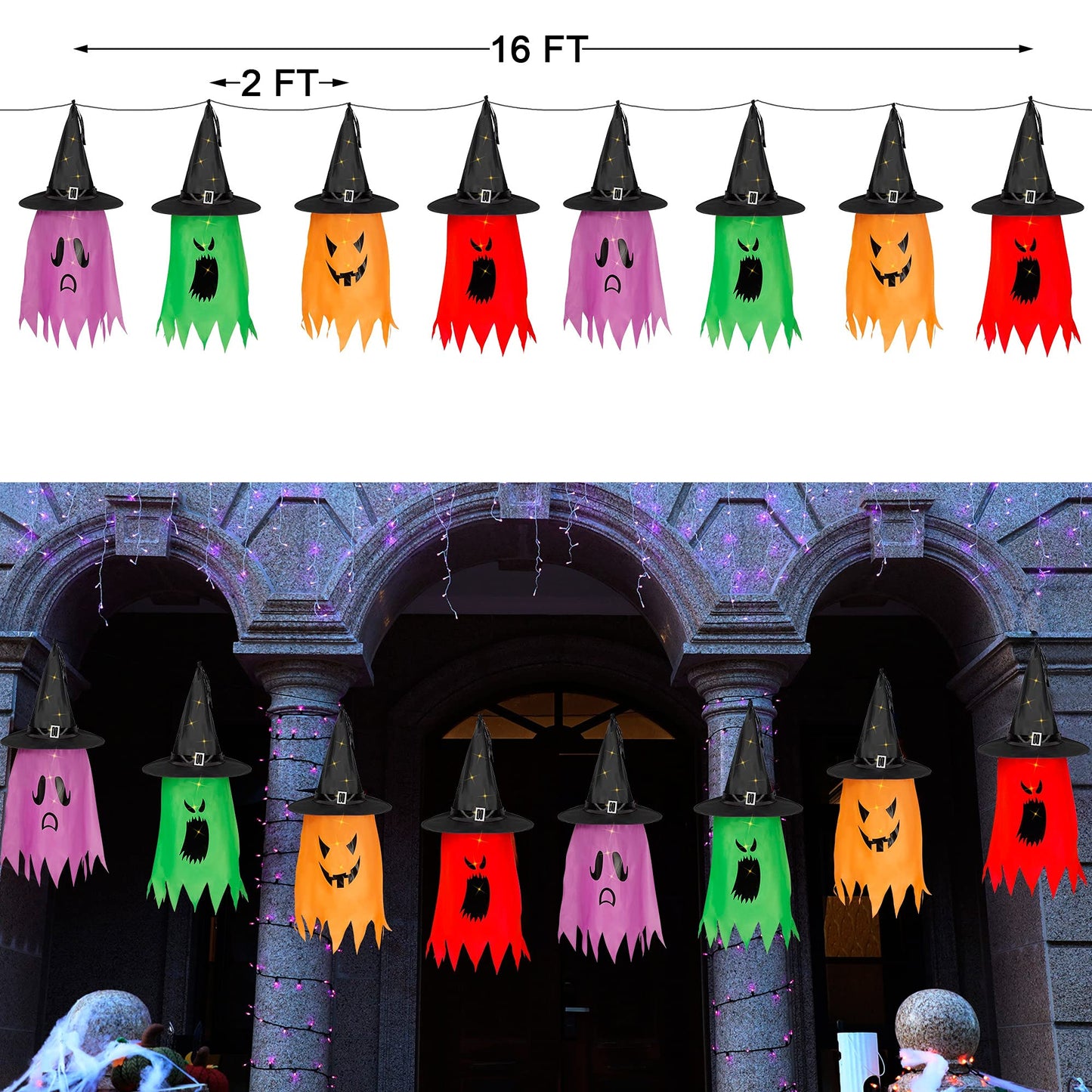 Twinkle Star Halloween 8 Pcs Lighted Hanging Witch Ghost Hats Decorations, Halloween Indoor Outdoor Remote Control String Lights 8 Lighting Modes, Glowing Witch Hat for Garden, Yard, Tree