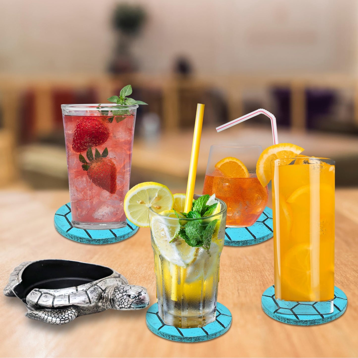 Sea Turtle Coaster Set with Holder – 4 Nautical, Ocean, and Tropical Silver & Turquoise Resin Coasters – Coastal Beach Home, Bar, Kitchen, or Dining Room Décor – Ideal Gift for Sea Life Lovers