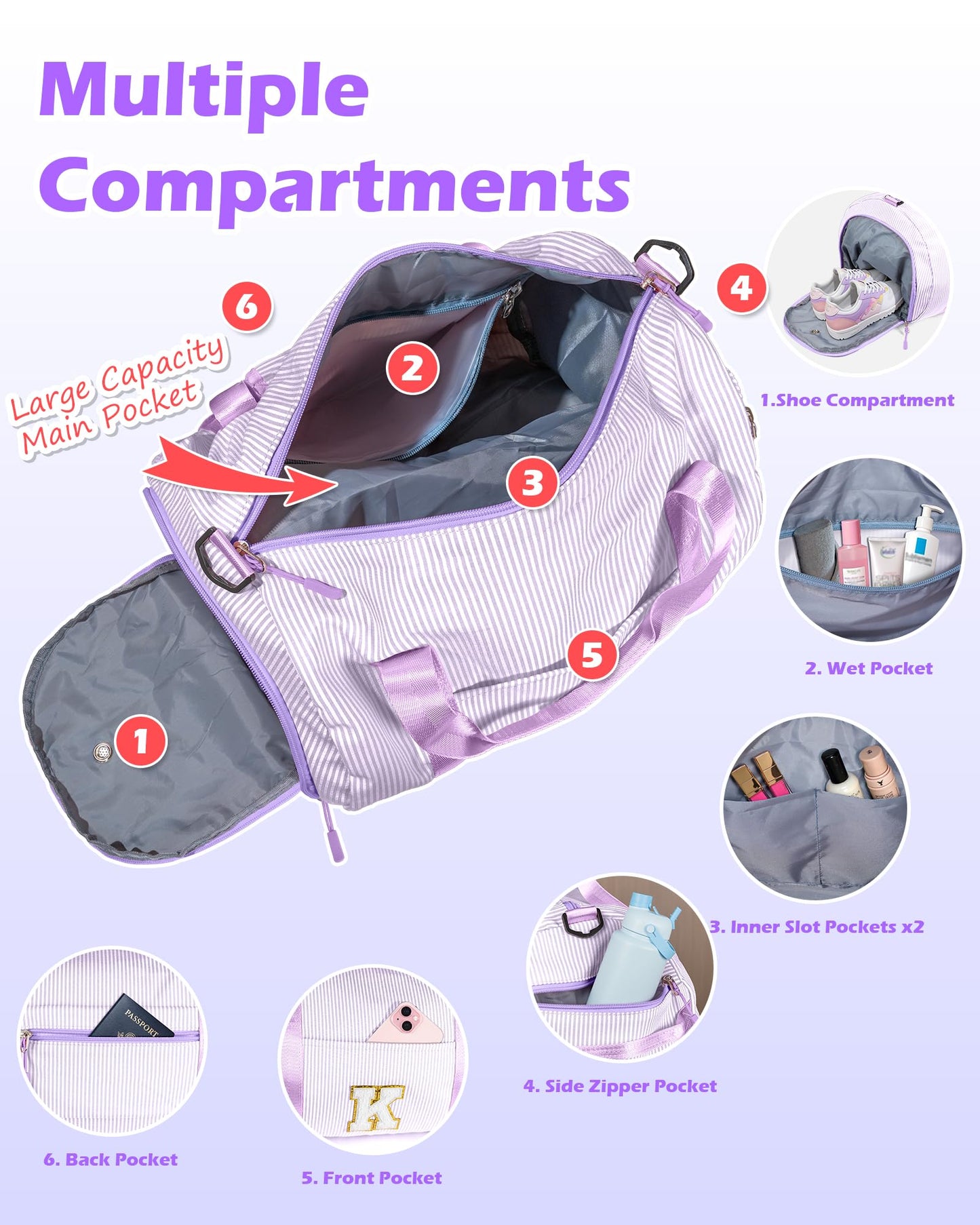 Vogewood Dorm Room Essentials, Girls Travel Duffle Bag, Kids Initial Overnight Duffel Bags with Shoe Compartment, Personalized Dance Bag with Cosmetic Pouch, Gifts for Teenager (Letter G)