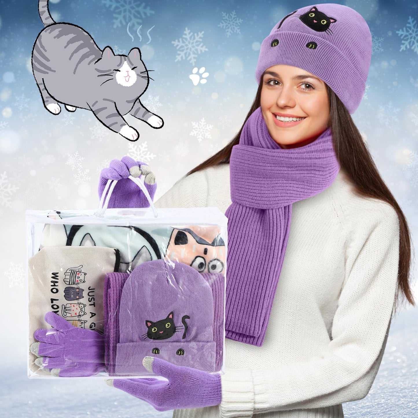 Mepase 6 Pcs Winter Cat Gifts Set for Women Birthday Include Cat Beanie, Scarf, Touchscreen Gloves, Flannel Throw Blanket Makeup Pouch and Transparent Zip Tote Purple Knit Valentine Gift Accessories