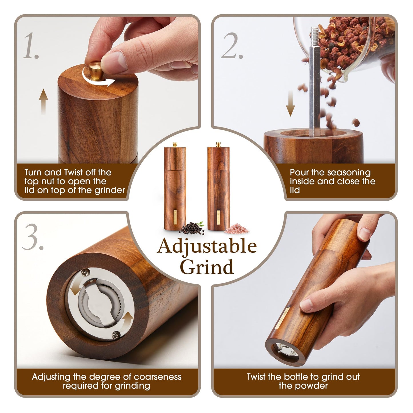 2 Pack Acacia Wooden Salt and Pepper Grinder Set with Gold Label, Premium 8 Inches salt and pepper shakers, Manual Wood Grinders with Adjustable Coarseness Ceramic Core, Ideal for Kitchen Home Gift