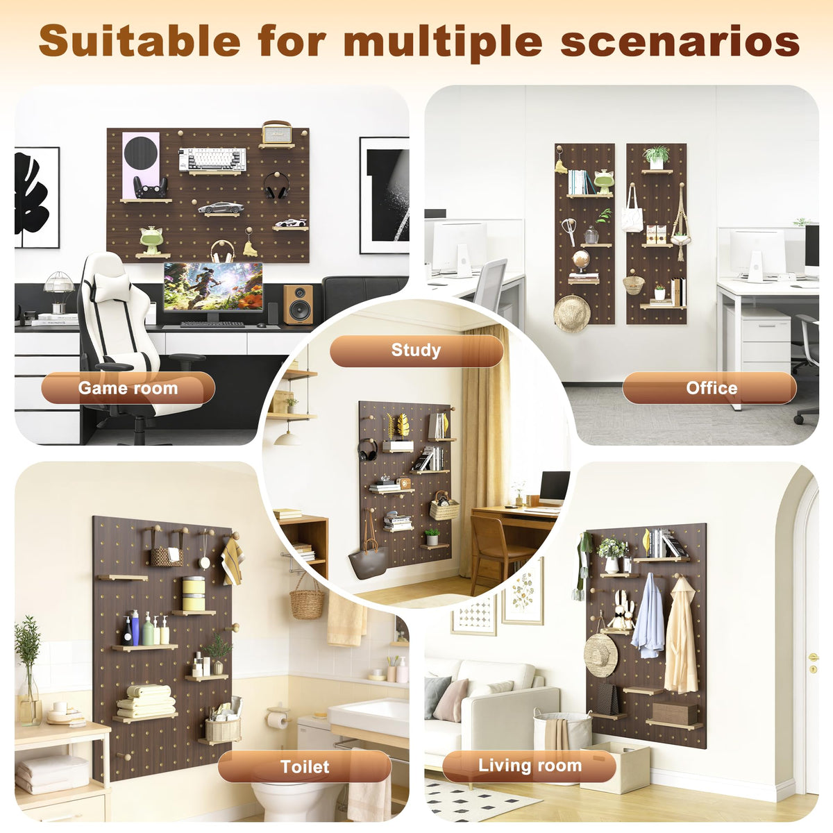 Wooden Pegboard Wall Organizer Kit, Modular DIY Peg Board Panels with Hooks, Pegboard Storage System Combination Set for Garage Office Craft Room Bedroom Kitchen, Living Room (Brown, 80X120CM)