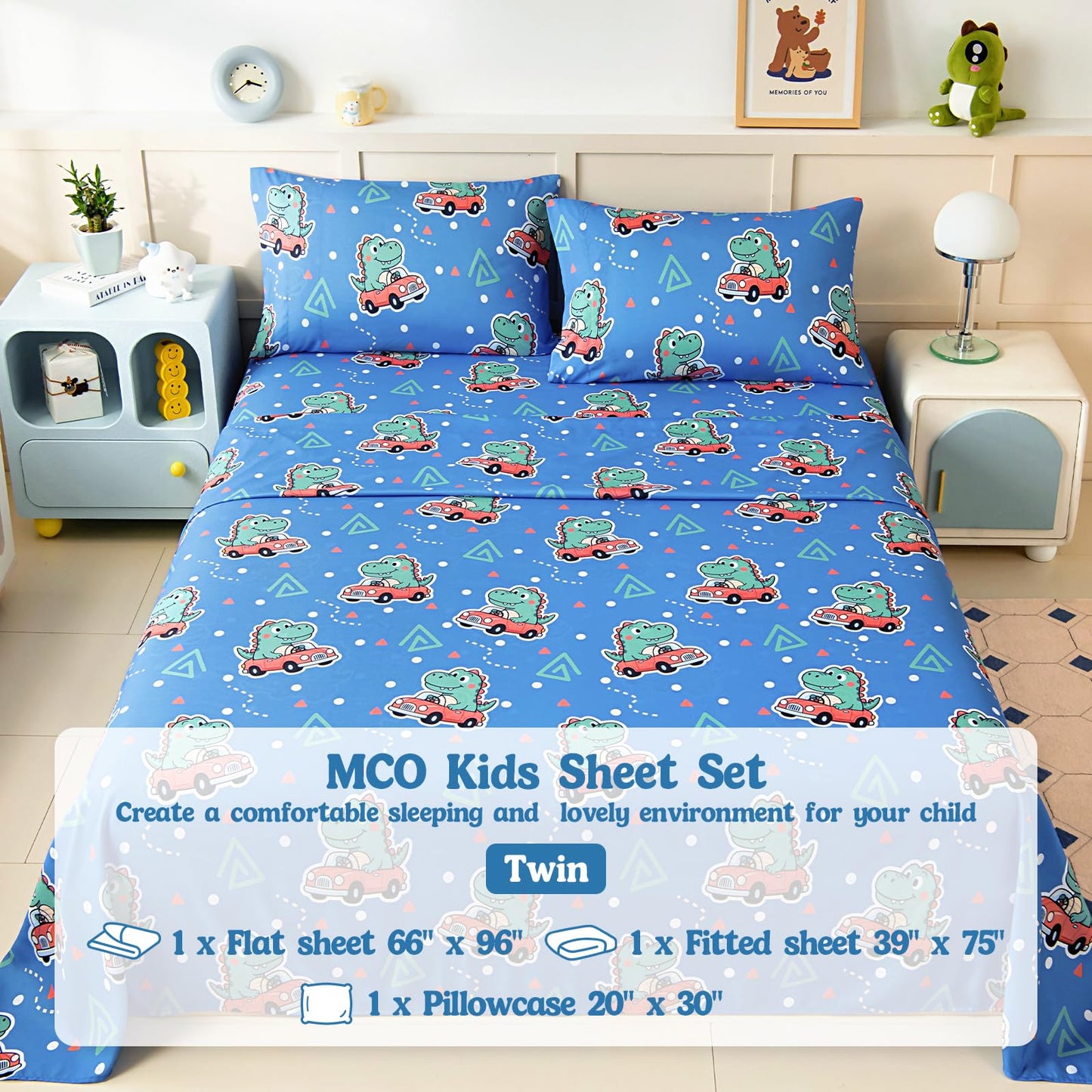 MCO Twin Sheets Set Kids, Soft Microfiber Bed Sheet Set for Boy Girls, 3 Pieces Breathable Twin Sheets Dinosaur Blue