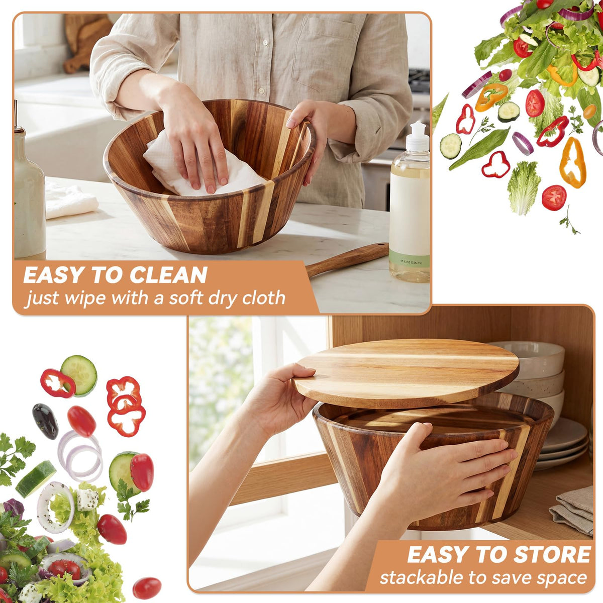 LemonRoad 2 Sets 10" 12" Large Wooden Salad Bowls Set Acacia Wooden Mixing Serving Bowls Decorative with Serving Utensils and Cover for Fruits Salad Pasta Kitchen Party