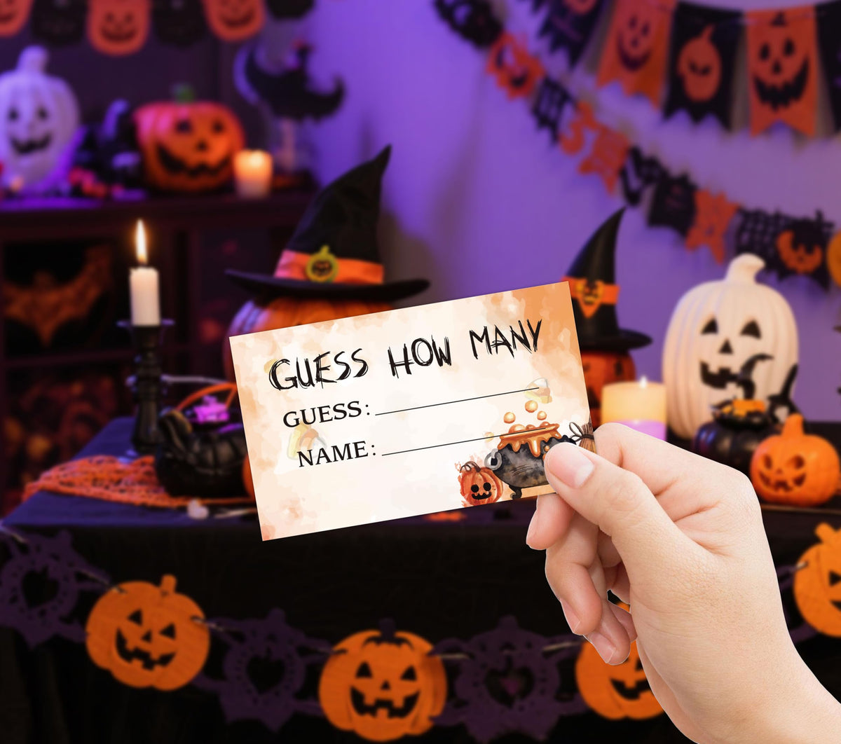 Halloween Party Game, How Many Candy Corns (1 Wooden Sign with Stand + 50 Guessing Cards), Halloween Party Favors Supplies, Family Activity - MB06