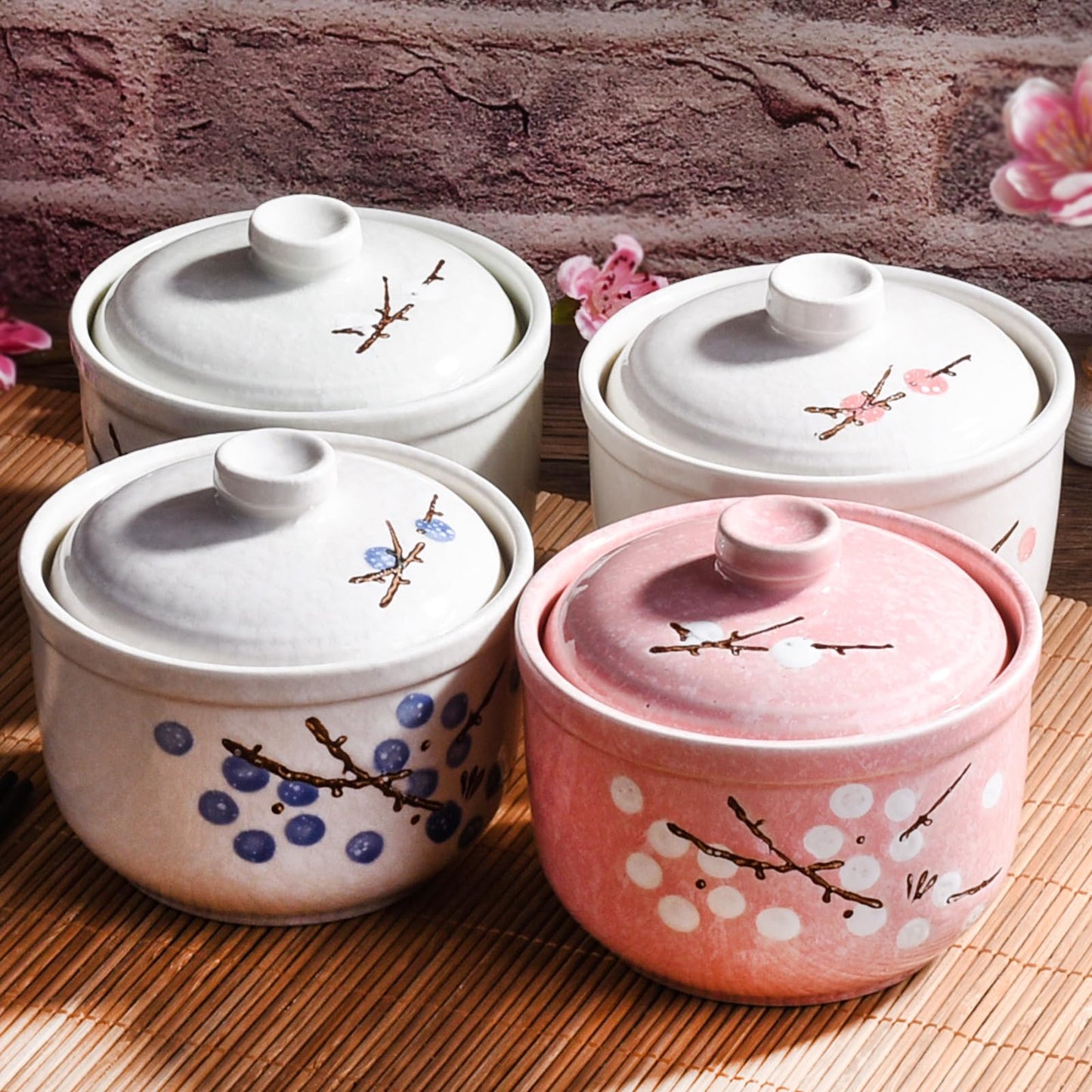 Whitenesser Ceramic Stew Bowl and Condiment Pot Set with Lid and Spoon Set of 2, Multi-Use Hand-Painted Plum Blossom Seasoning Container for Stew, Soup, Salt and Sugar