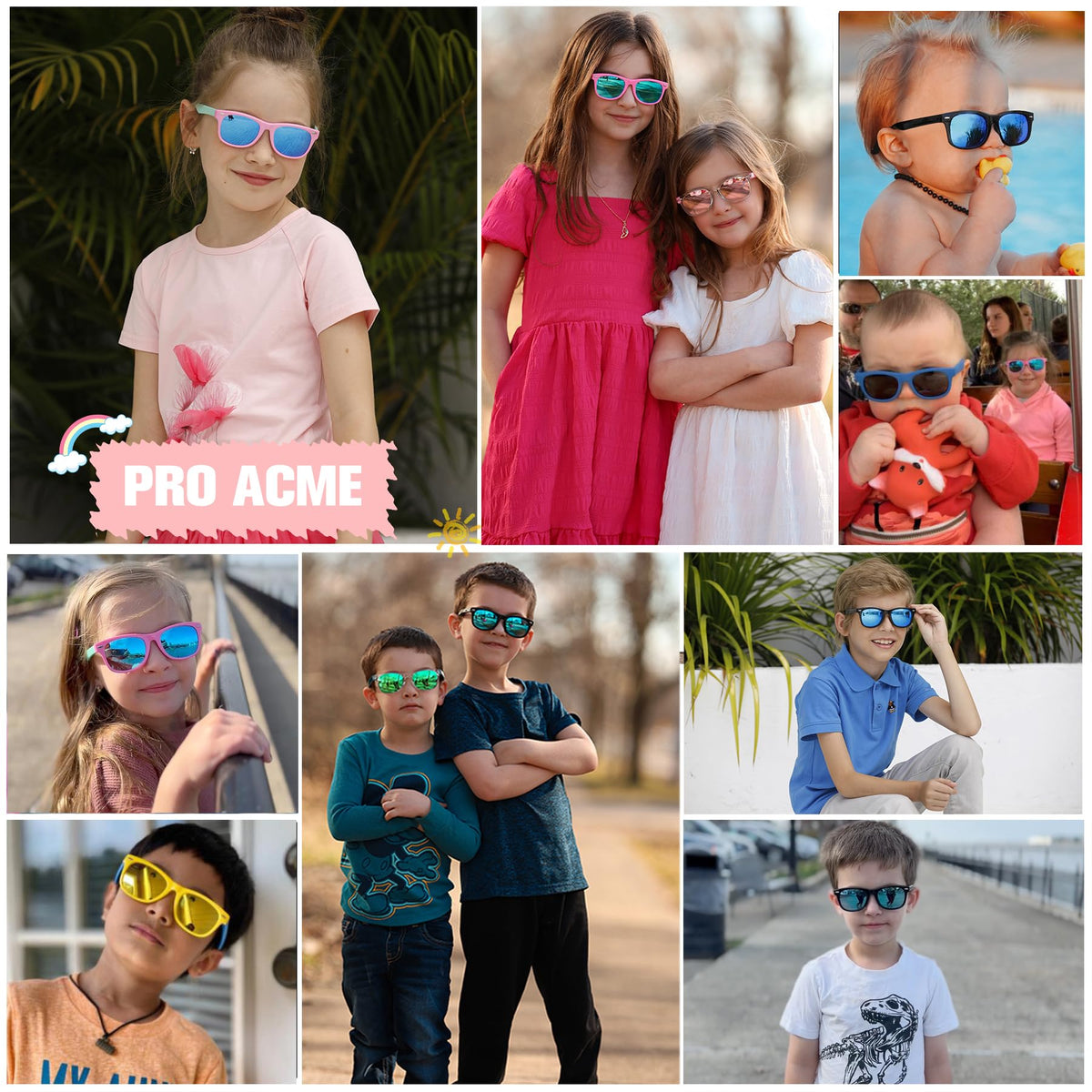 Pro Acme Kids Polarized Sunglasses, Flexible TPEE Rubber Toddler Shades for Girls Boys, Ages 3-12(A1 Pink/Blue + Black/Blue + Crystal/Pink Mirrored)