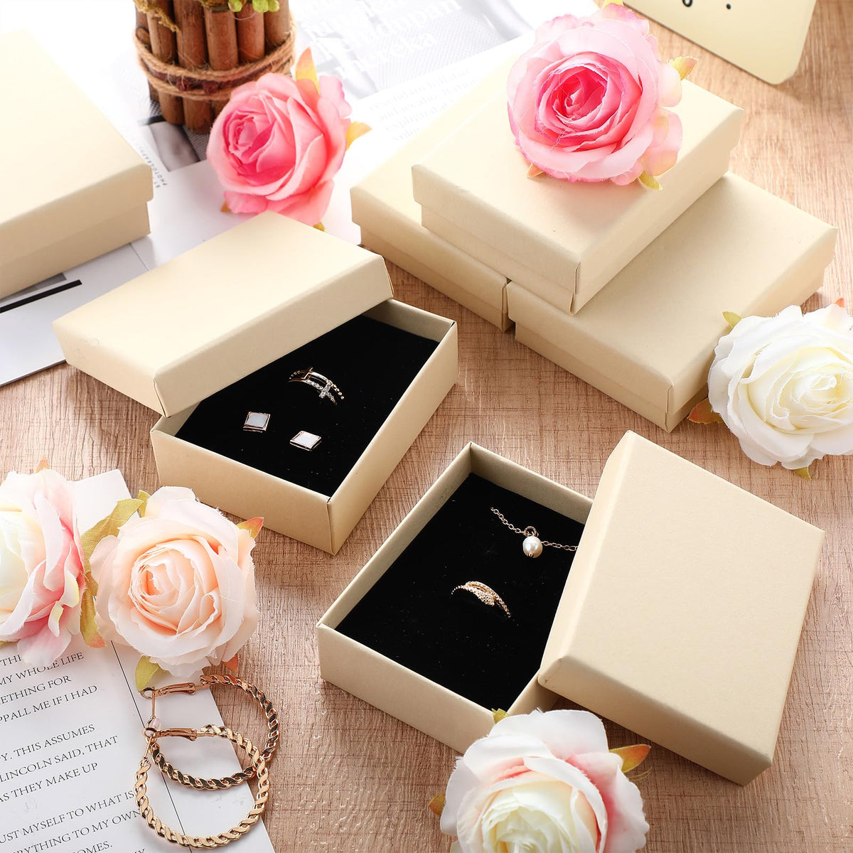 Sasylvia 36 Pcs Jewelry Cardboard Gift Boxes Packaging Necklace Ring Earring Storage Box with Cushion 3.5x2.8x1.2 Inch (Beige Yellow)