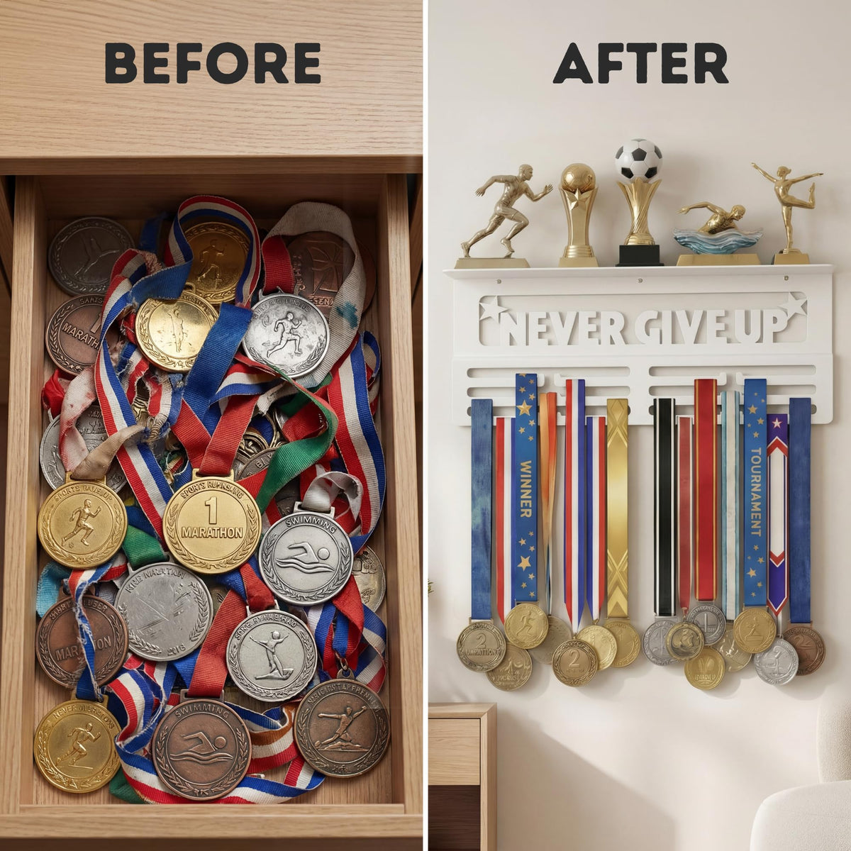 AGATHOS HOME White Medal Hanger Display with Shelf - Award Rack Trophy Shelf for Walls Holds 64+ Sports Medals - Never Give Up Wall Medal Holder for Gymnastics, Soccer, Marathon, Swimming, Soccer