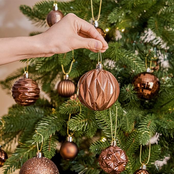 JORNOY Christmas Tree Ornaments Set, 47 Pack Assorted Shatterproof Hanging Balls Decorations, Plastic Bulbs Bulk with Lanyard for Home Holiday Party Decor, 3-Sizes (Brown)