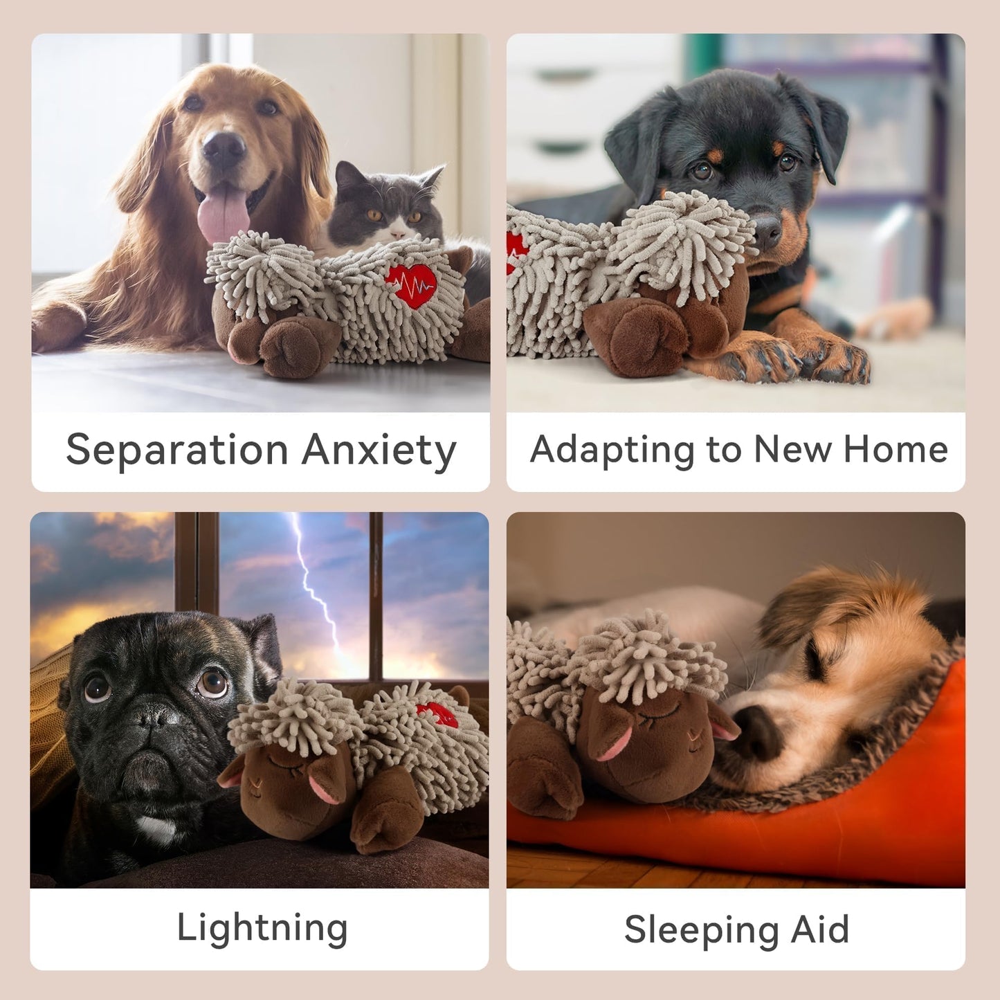 ALL FOR PAWS Heartbeat Dog Toy, Puppy Sleeping Buddy Cuddle Toy, Dog Soothing Plush Toy with Warm Bag, Crate Training Puppy Stuffed Animal Gift Toys, Heartbeat Box with USB Charging