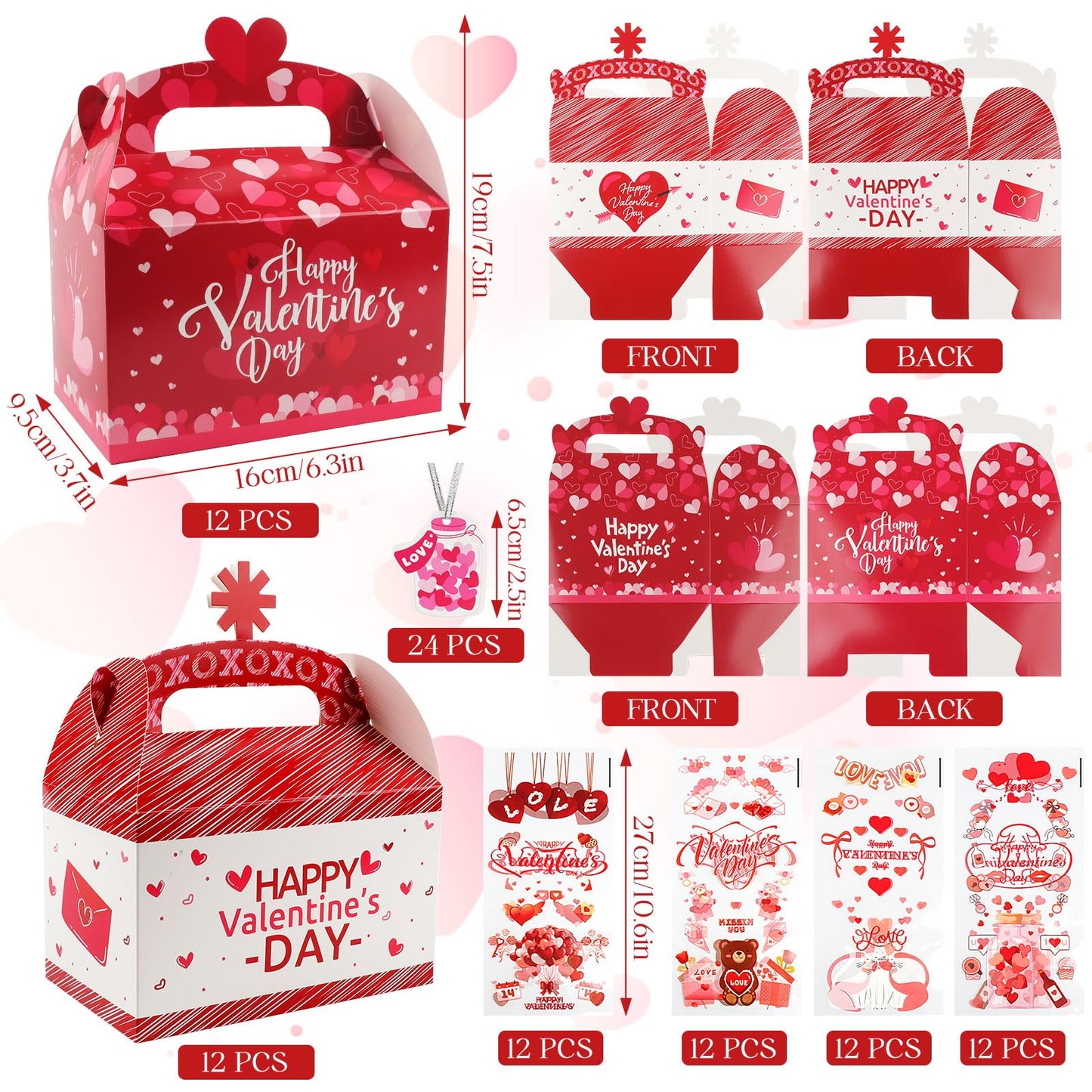 Wlicon Valentine’s Day Gift Treat Boxes, 24 Pcs Valentines Candy Boxes with 48 Pcs Valentine Cellophane Bags Heart Prints Cookies Box with Handles for Romantic Love Wedding Valentine Party Favor Decor