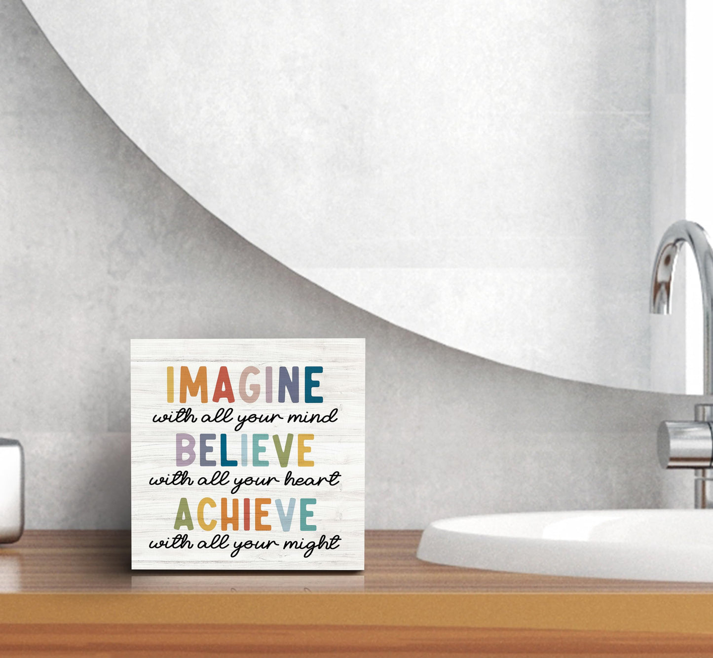 SRADMO Inspirational Wood Box Sign Desk Decor, Imagine Believe Achieve Motivational Theme Wooden Block Box Sign Decoration for Home Office Workplace Desk Shelf Table Decor