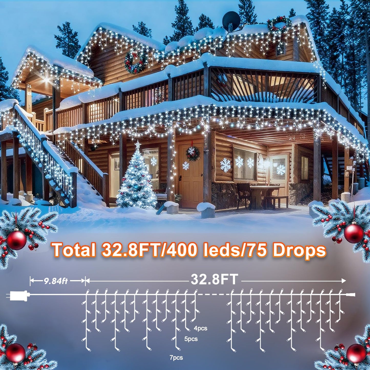 KNONEW Christmas Lights Outdoor Decorations 400 LED 33ft 8 Modes Curtain Fairy String Light with 75 Drops, Clear Wire LED String Light Decor for Wedding Party Holiday Christmas Decorations(Cool White)