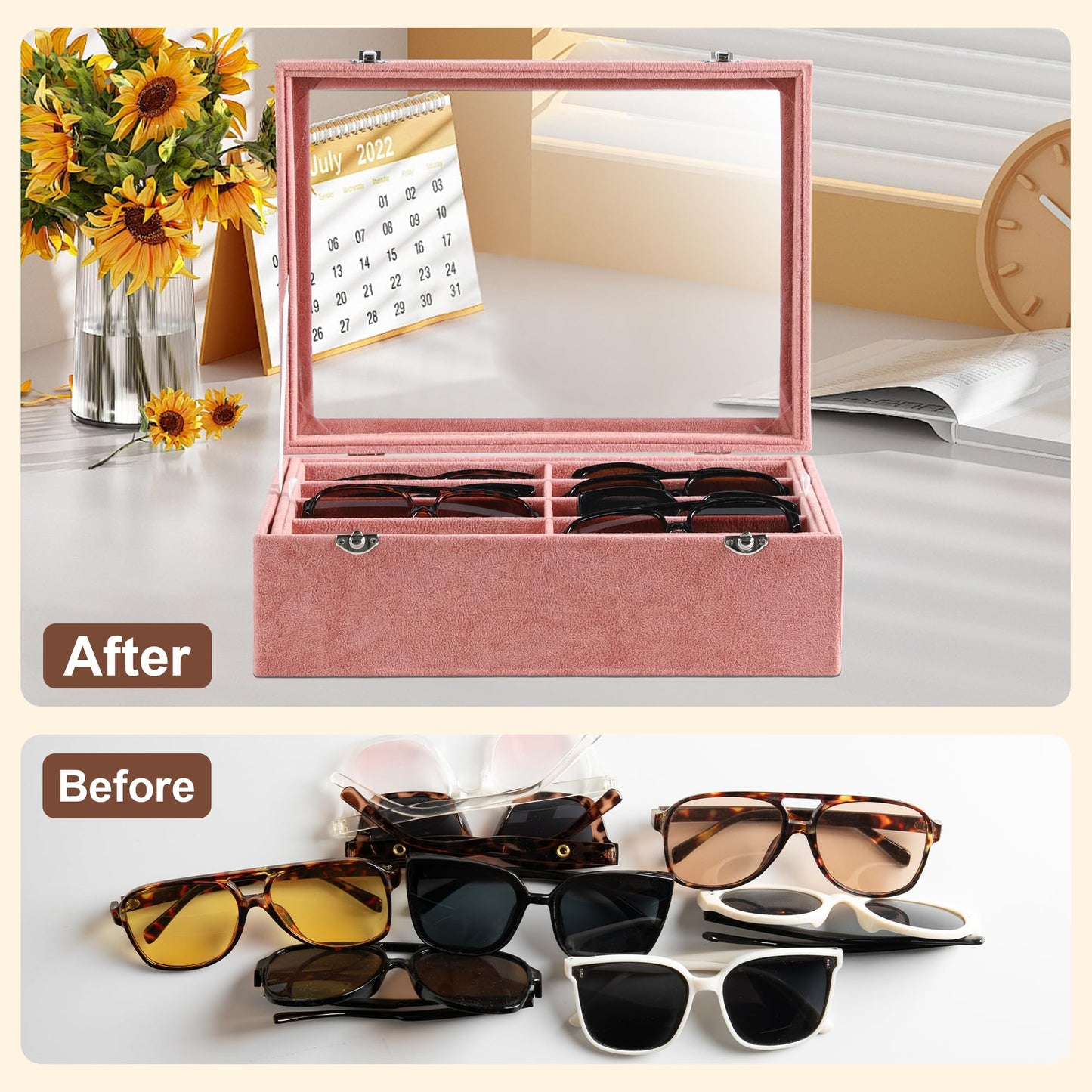 Frebeauty 16 Slots Sunglasses Organizer,2 Layer Velvet Sunglasses Tray with Glass Lid,Multiple Pairs Sunglass Display Case for Man or Woman,137 * 10.25 * 4.1 Inches Eyeglass/Eyewear Box (Pink)