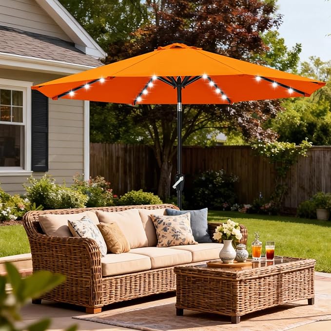 ABCCANOPY Durable Solar Led Patio Umbrellas with 32LED Lights 9FT (Orange)