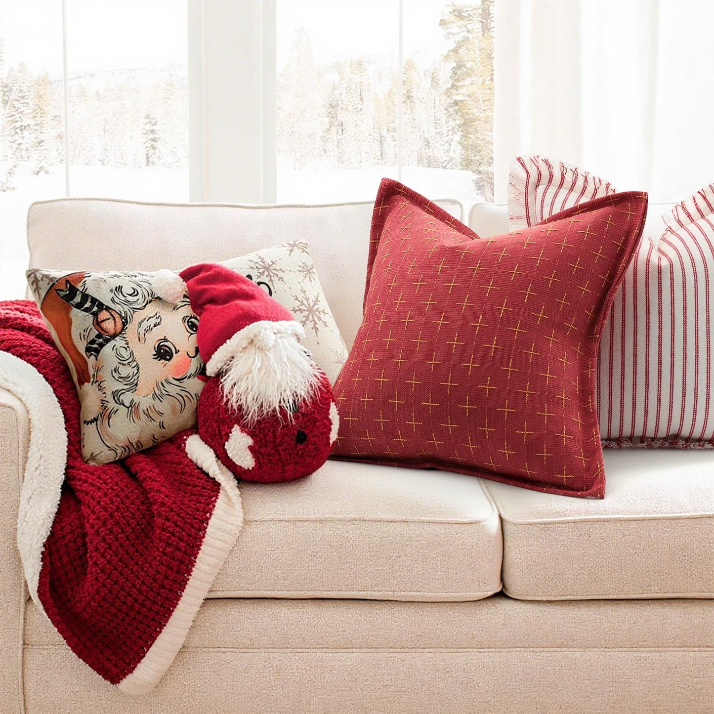 ZWJD Christmas Pillow Covers 18x18 Set of 2 Soft Polyester Textured Pillows with Stylish Flange Edge Cozy Farmhouse Christmas Decor for Couch Bed Sofa Living Room (Red)