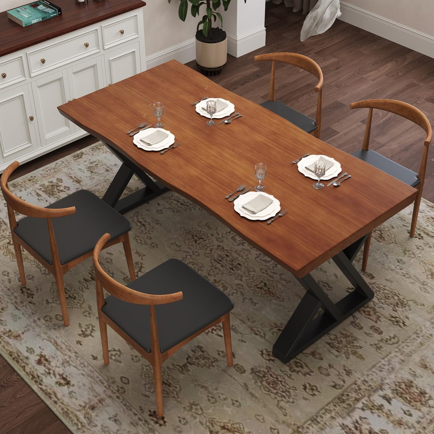 tiedingding 47" Solid Wood Dining Table, Rectangular Kitchen Table with Irregular Live Edge & Thick Tabletop, X-Shape Metal Legs, Oil Proof & Easy Clean, Rustic Brown, for 2-4 People