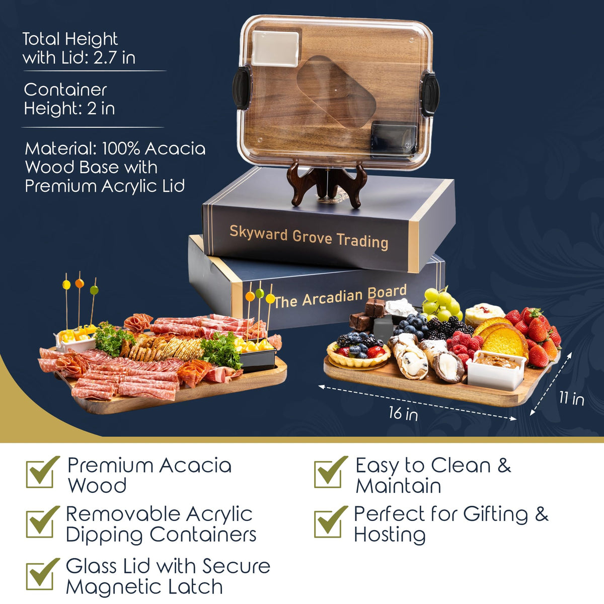 Covered Charcuterie Board with Locking Acrylic Lid, 15" x 11" Acacia Wood Serving Tray, 2 Dipping Containers, Gift Box Included