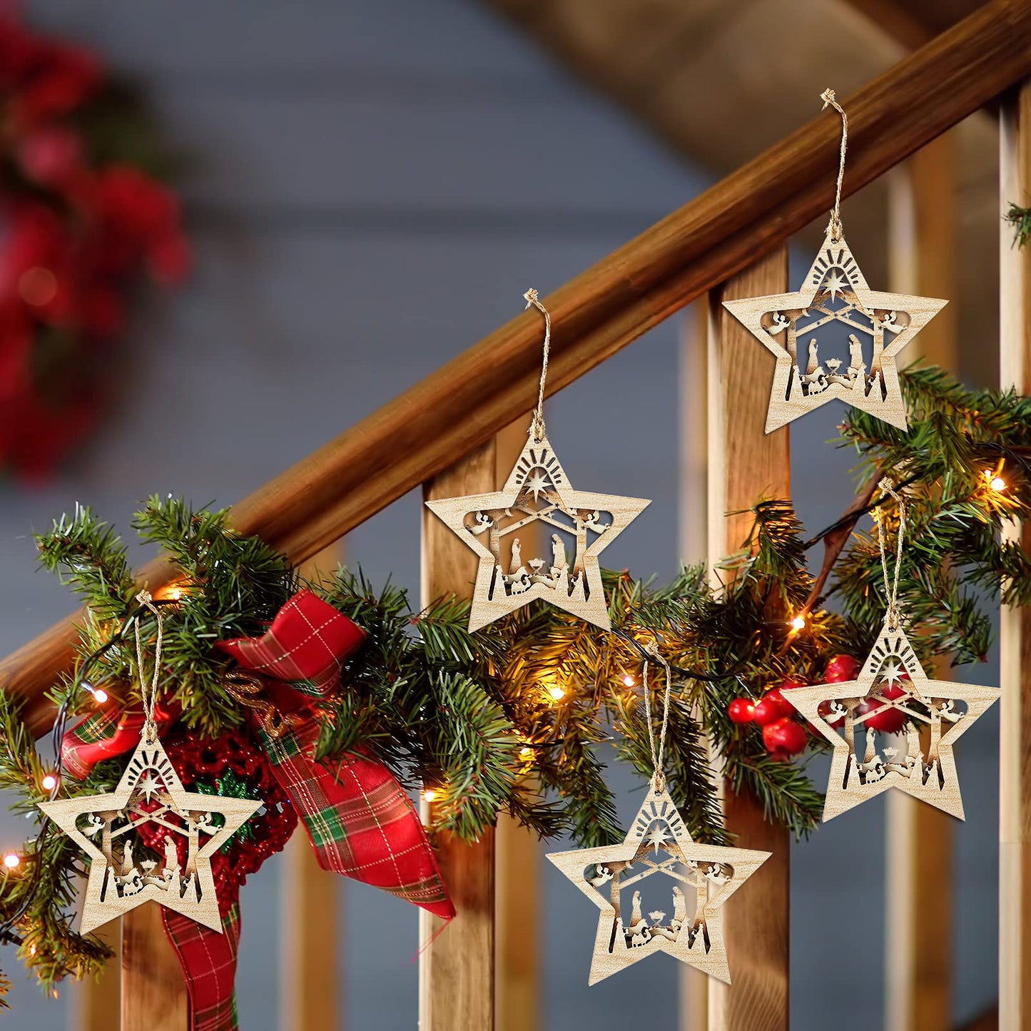 Blulu 12 Pieces Christmas Nativity Scene Ornaments Set Bulk 3D Christian Wooden Hanging Ornament Xmas Tree Nativity Ornaments The Birth of Jesus Story Decor Religious Gift for Family (Star Shaped)