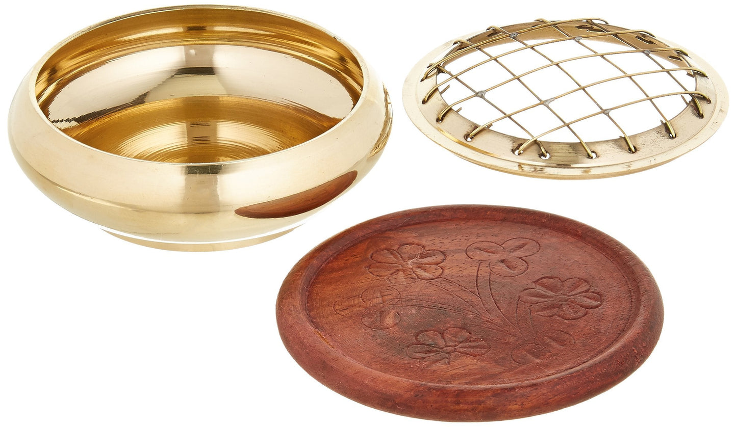 Accessories - Brass Burners Screen Charcoal Incense Burner 3" Diameter with Wooden Coaster