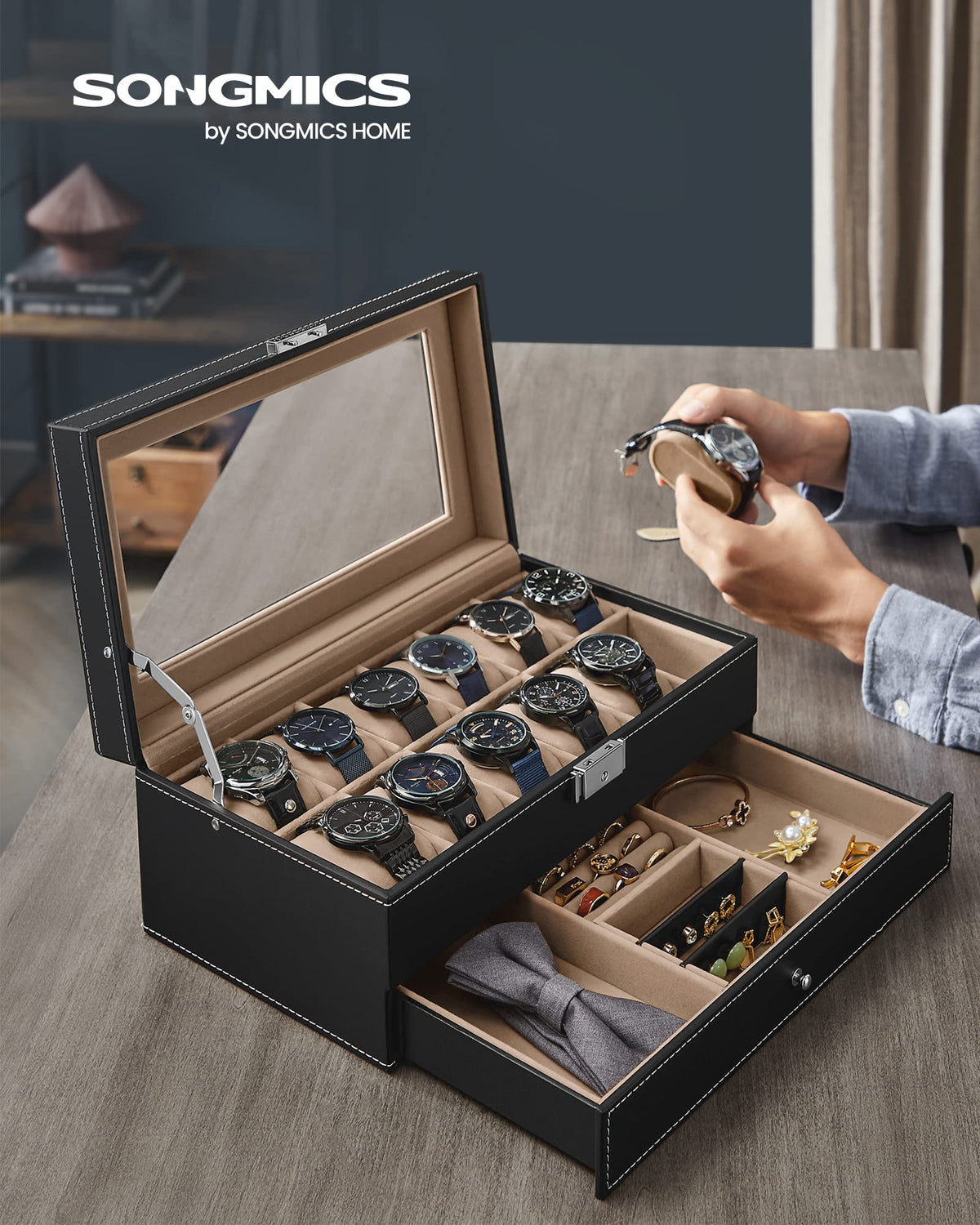 SONGMICS Watch Box, 12-Slot Watch Case Organizer with Large Glass Lid, 2 Layers, Removable Pillows, Metal Lock, Gift for Loved Ones, Black Synthetic Leather, Gray Lining UJWB012