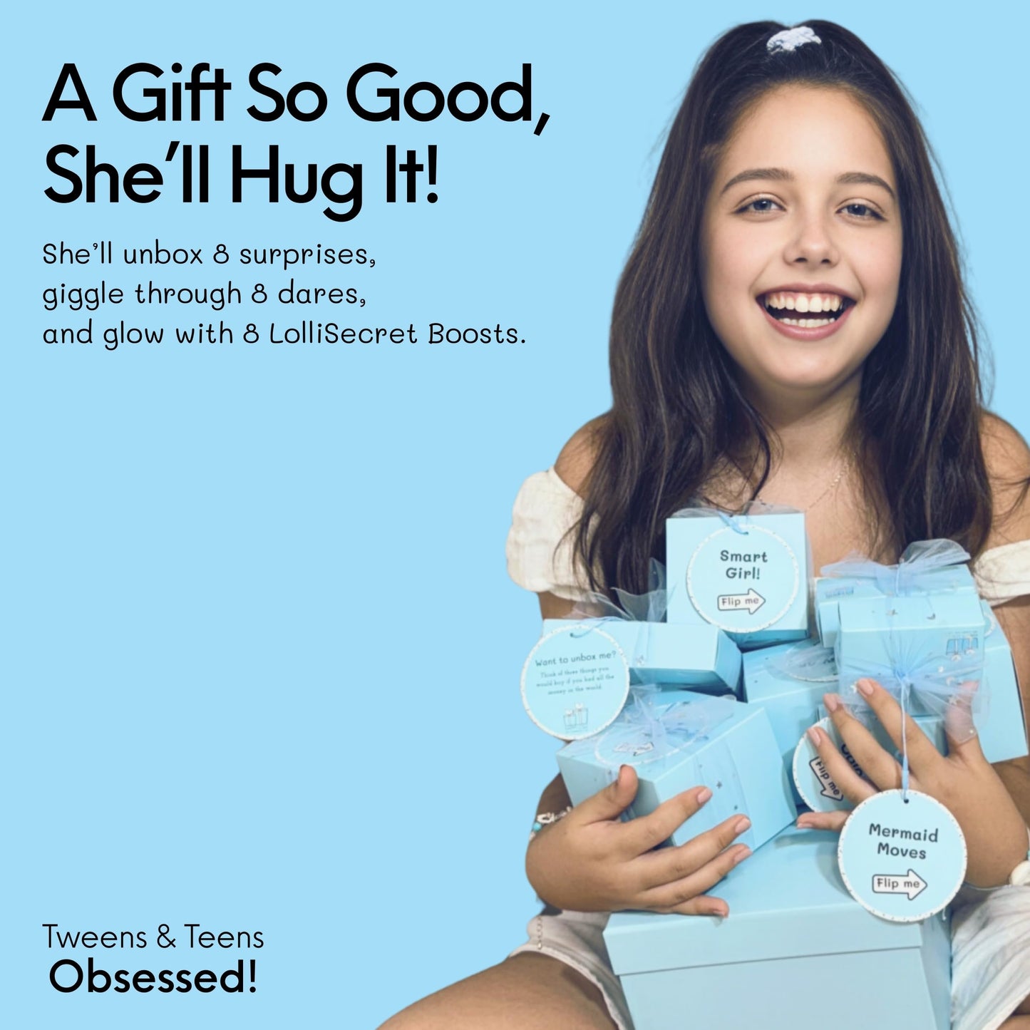 HAPPY LOLLI Blue LolliBox Gift Set for Tween & Teen Girls Ages 8–15, Birthday Gift Box, Ready-to-Gift Surprise Box with 8 Individually Wrapped Gifts & Empowering Challenges