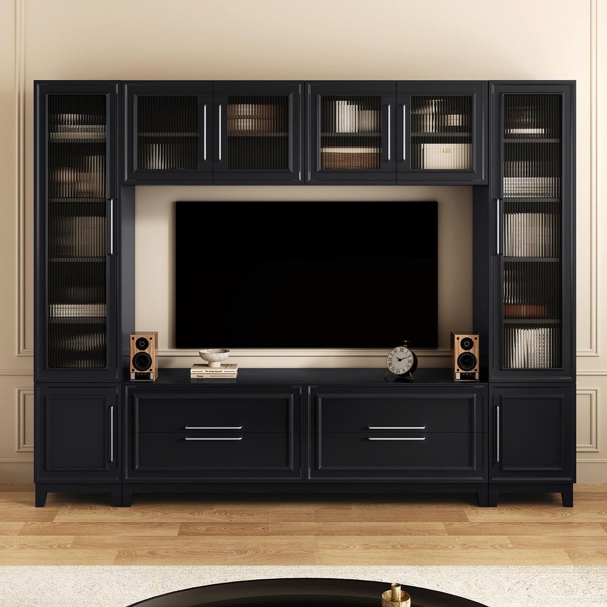Merax 102" W Wall Unit Modern Entertainment Center with Glass Doors for TVs up to 75", Large Minimalist TV Stand Media Console with Drawers, Glass Doors for Living Room, Black