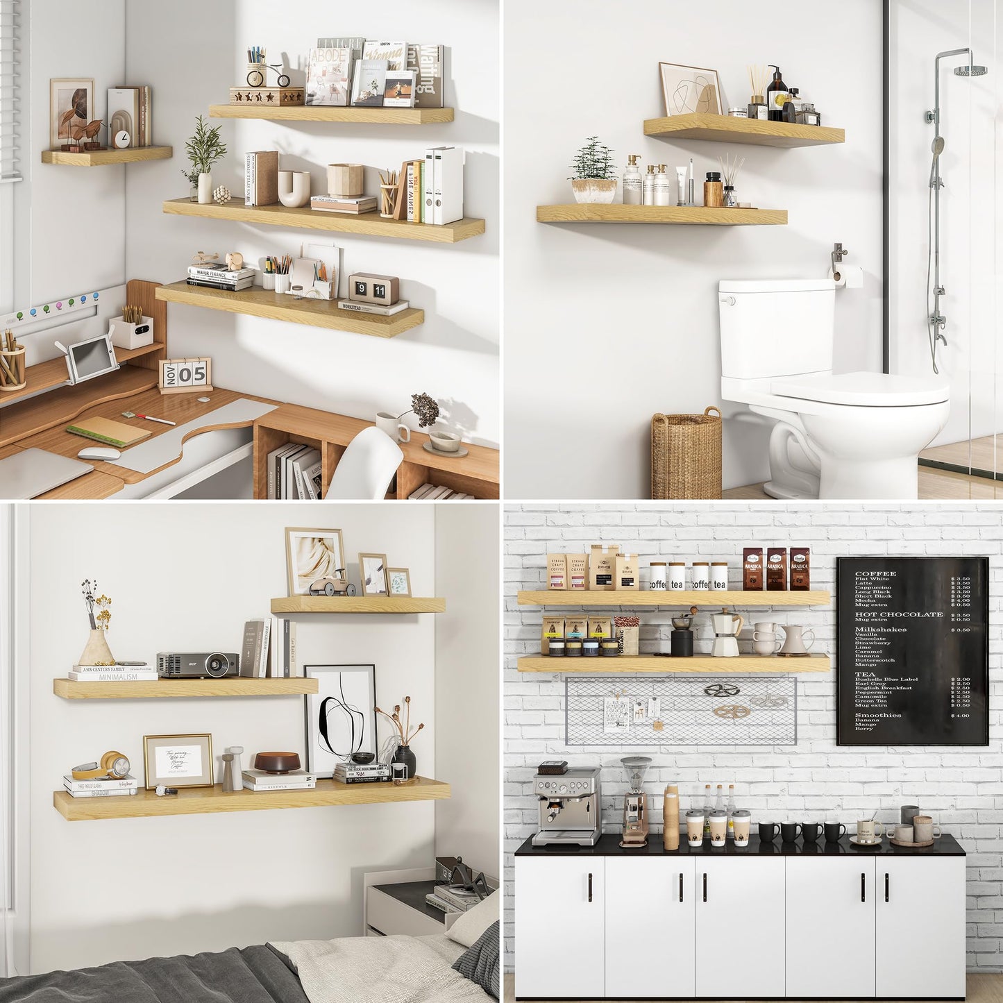 RICHFOCUS 24Inch Floating Shelves for Wall 2 Pack Shelves for Bedroom|Kitchen|Bathroom Wall Mounted Rustic Wood Floating Shelf with Invisible Brackets for Books|Storage|Decor, Oak