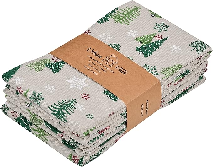 Urban Villa Kitchen Towels Christmas Green Trees Print Premium Quality