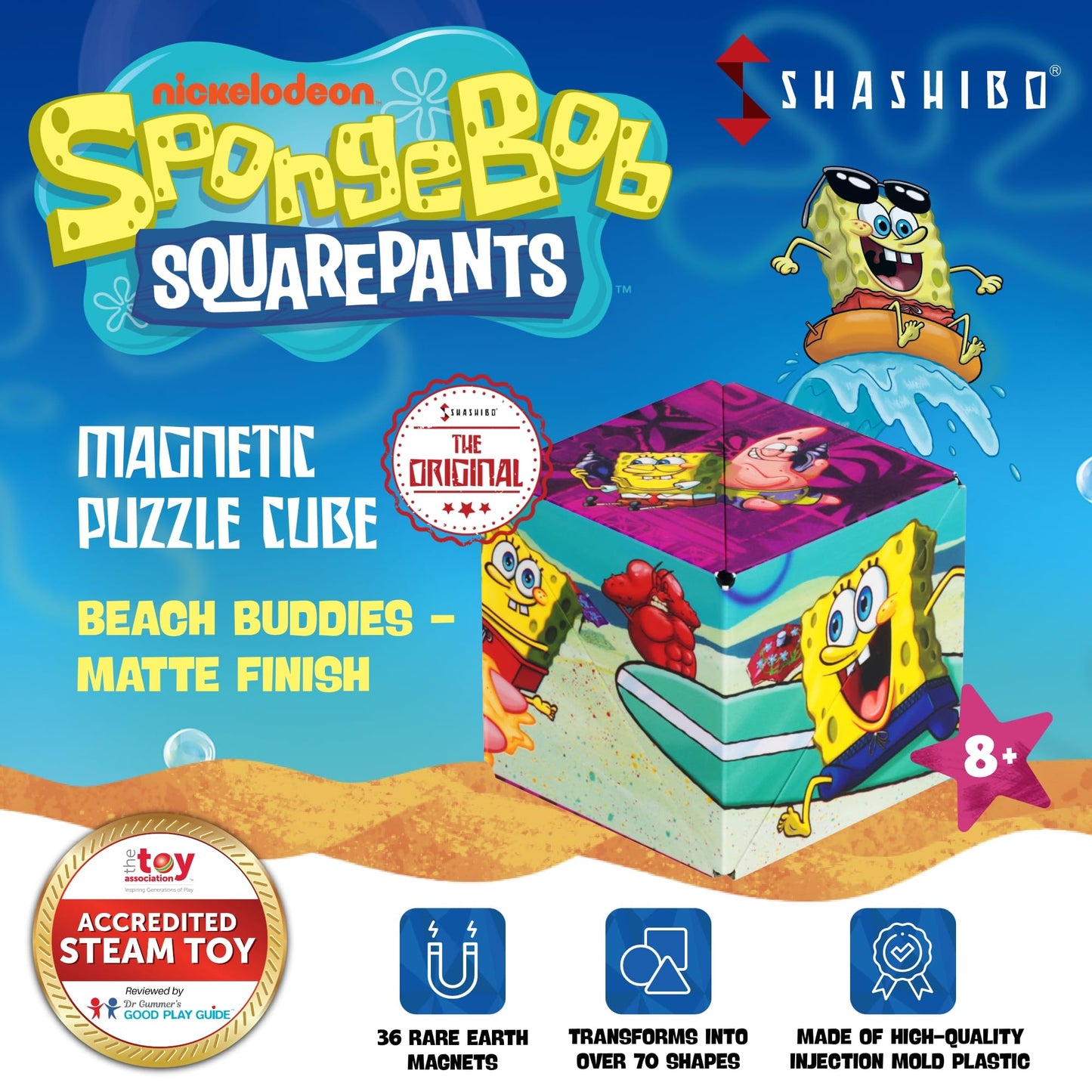 SHASHIBO SpongeBob Shape Shifting Box - Award-Winning Age 8+, Patented Magnetic Puzzle Cube w/ 36 Rare Earth Magnets - Fidget Cube Transforms Into Over 70 Shapes (Spongebob Squarepants-Beach Buddies)