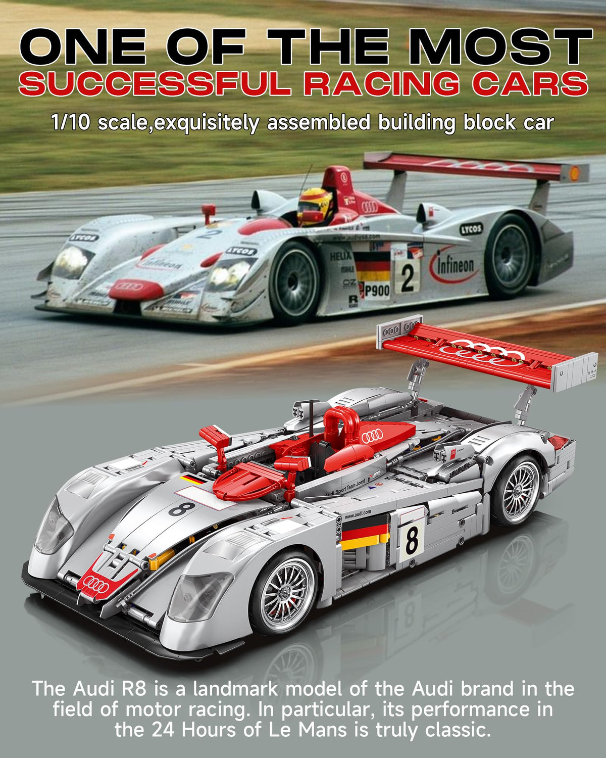 MOCBURIKU Audi R8 LM-P 24H Le Mans Winner, Collectible Race Car Building Kit for Adults Teens, 1:10 Scale Racing Techinc Car Model, Home or Office Décor Gift for Motorsport Fans Age 14+ (2,426 PCS)