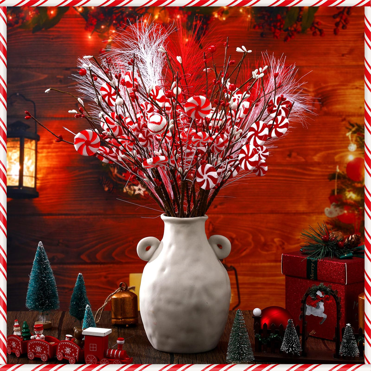 24 Pcs Christmas Candy Cane Picks Berry Lollipop Christmas Decoration 16 Inch Red and White Candy Cane Stem Christmas Tree Pick for Xmas Decor DIY Home Vase Filler Craft Wreath Holiday Party Ornament