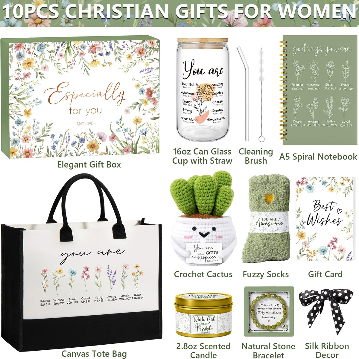 Christian Gifts for Christians Women Faith, Religious Inspirational Easter Gifts for Catholic Women, Spiritual Easter Basket Birthday Gift Set for Her Mom Sister Friend Grandma Wife w/ Canvas Tote Bag
