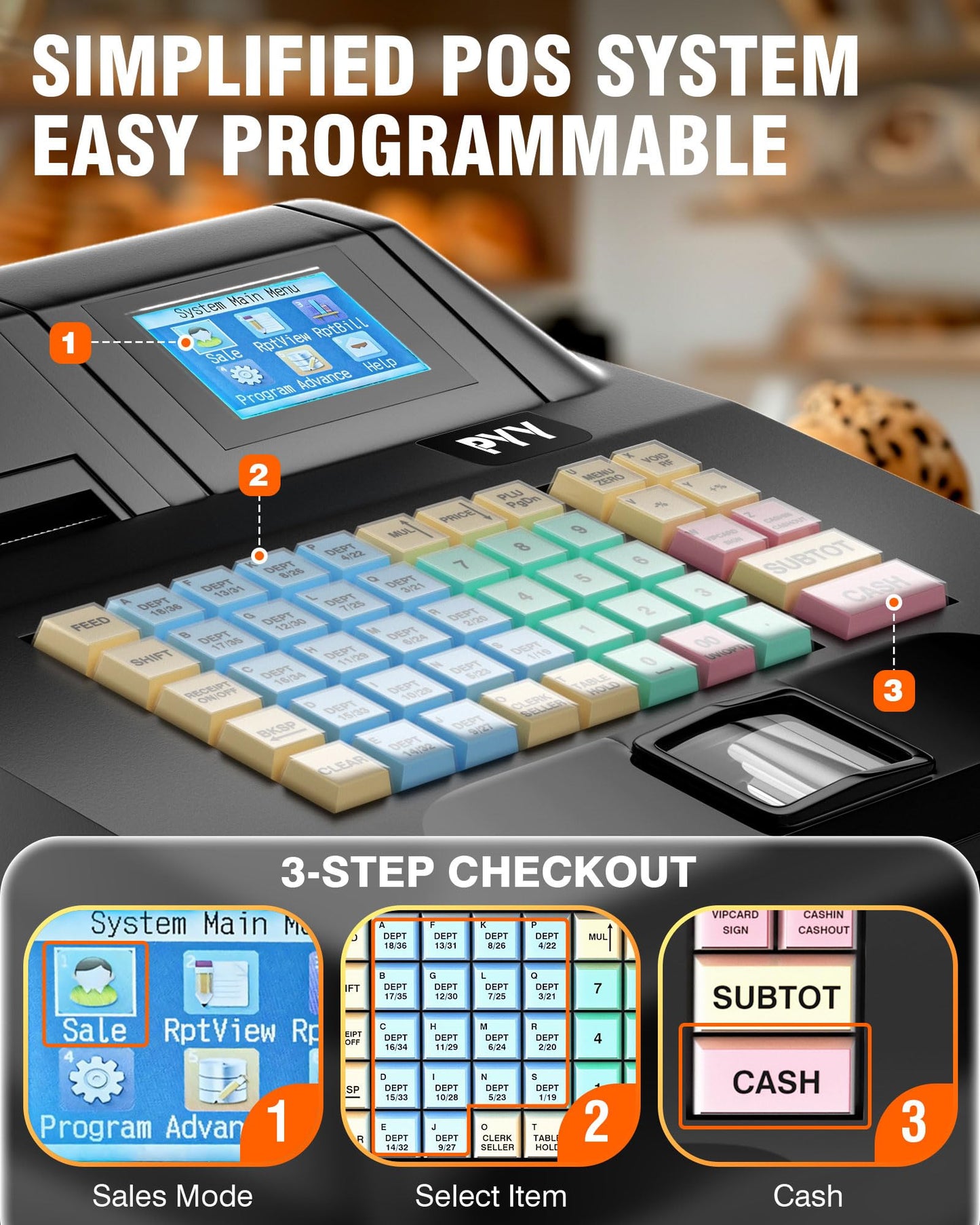 PYY Cash Register for Small Businesses - Electronic Commercial Caja Registradora para Negocio with Locked Cash Drawer Box, 8 Digital Dual Display, 48 Keys, Cashing System for Supermarket Restaurant